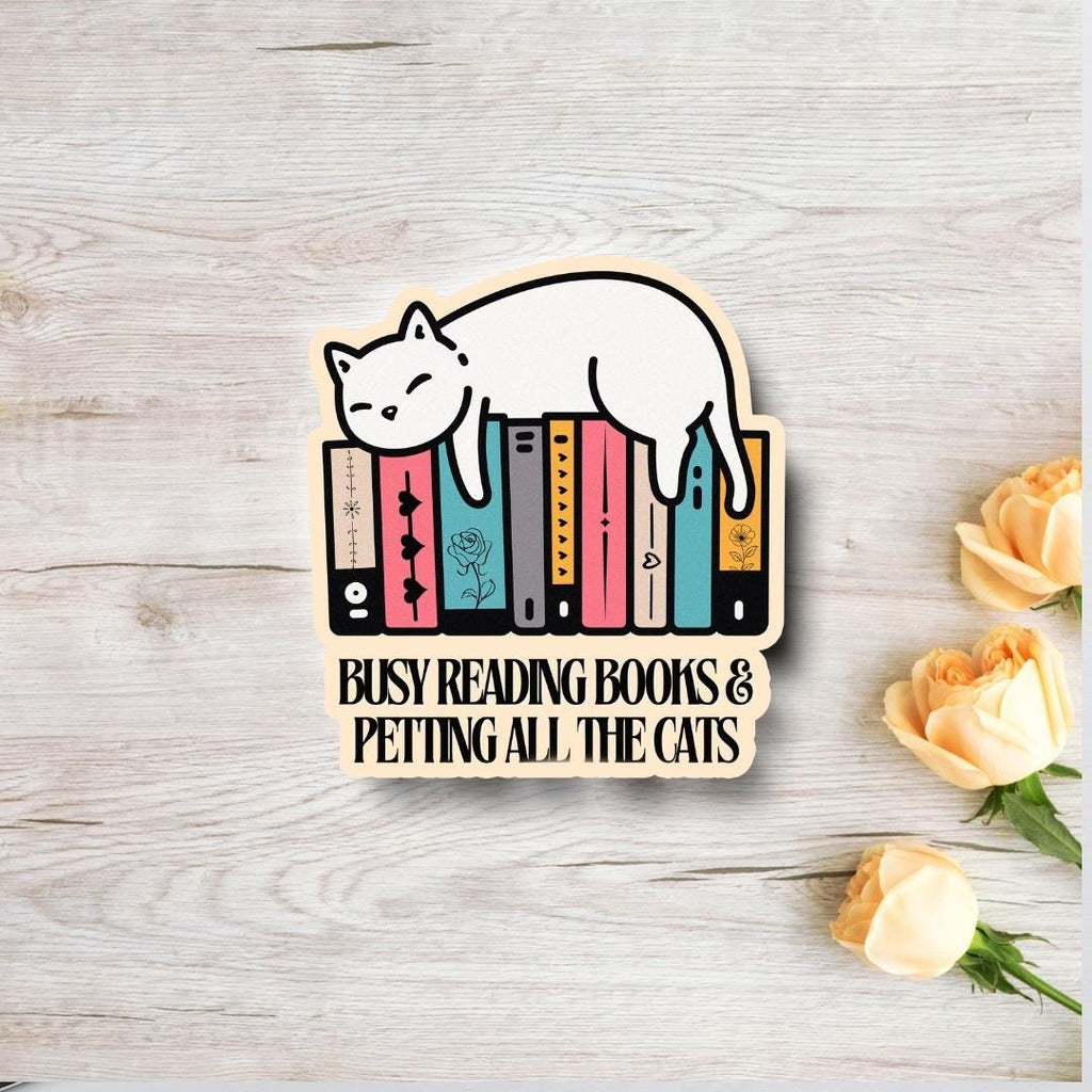 Cat & Books Vinyl Sticker - Busy Reading and Petting Cats - 3" Bookworm Decal