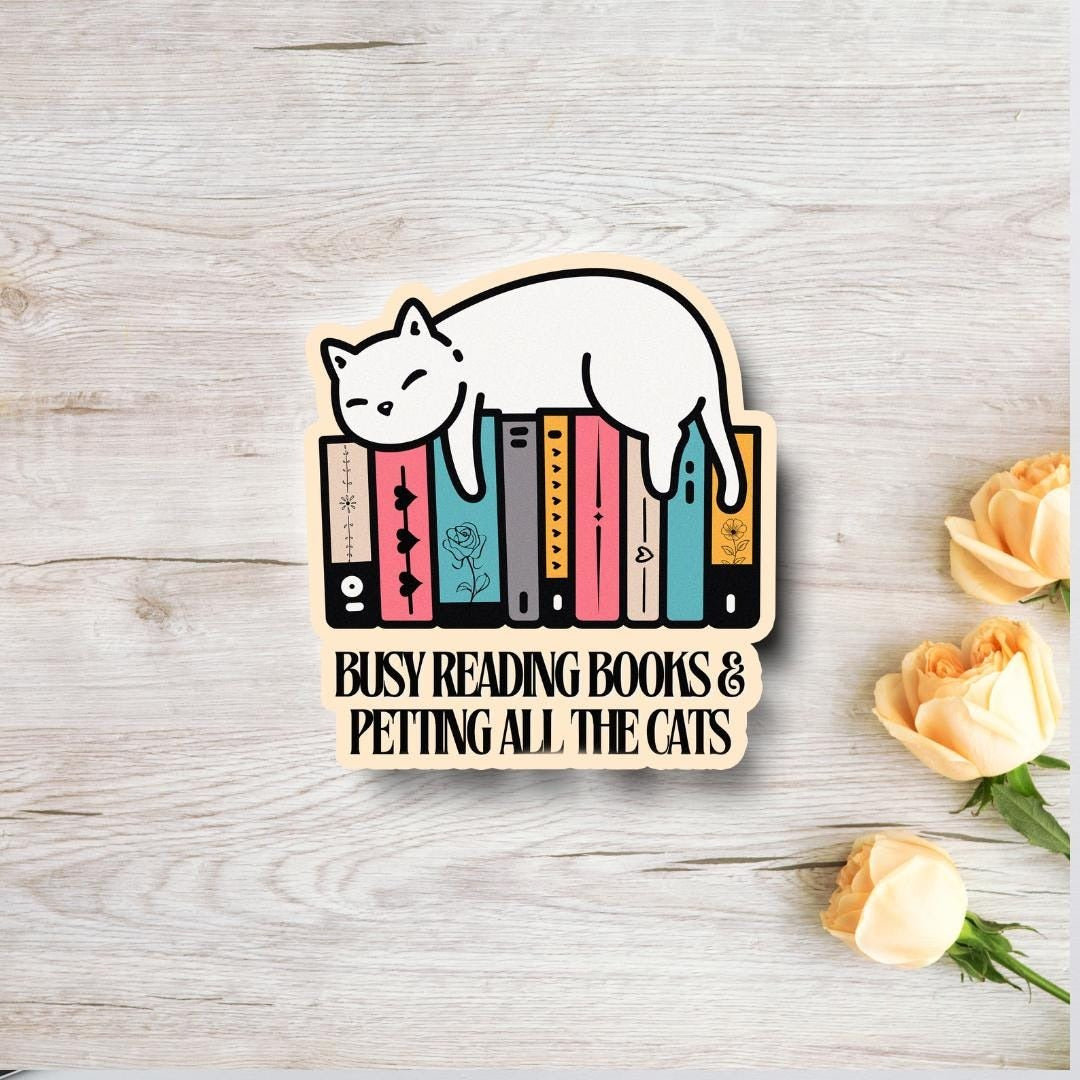 Cat & Books Vinyl Sticker - Busy Reading and Petting Cats - 3" Bookworm Decal